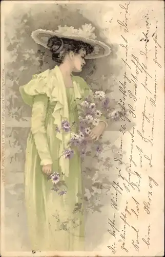 Litho Junge Frau in grünem Kleid, Damenhut, Blumen