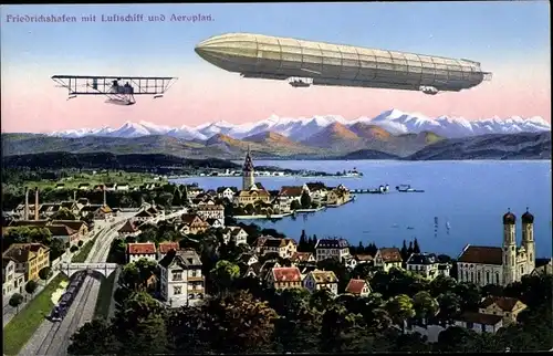Ak Friedrichshafen am Bodensee, Luftschiff und Aeroplan über der Stadt, Zeppelin