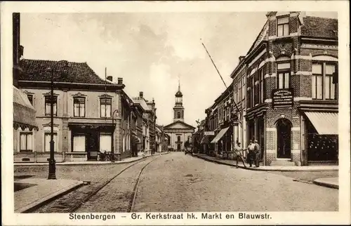 Ak Steenbergen Nordbrabant Niederlande, Gr. Kerkstraat hk. Markt en Blauwstr.
