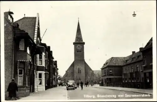 Ak Tilburg Nordbrabant Niederlande, Bosscheweg met Sacramentskerk