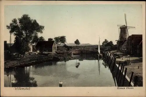 Ak Willemstad Nordbrabant Niederlande, Binnenhaven, Molen