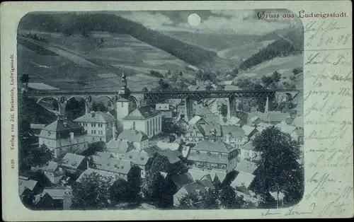 Mondschein Ak Ludwigsstadt in Oberfranken, Totalansicht der Ortschaft