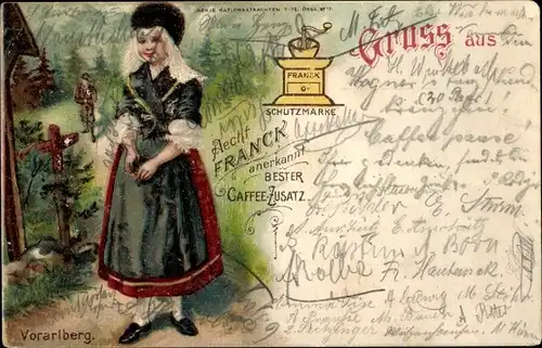 Litho Frau in Volkstracht aus Vorarlberg, Reklame, Franck Caffee Zusatz