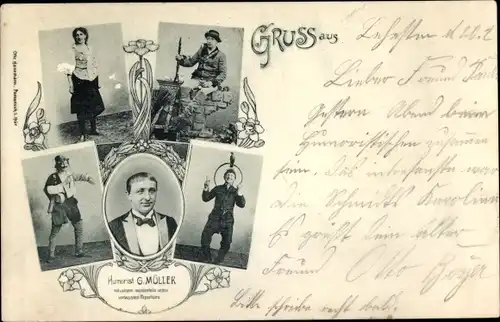 Ak Humorist G. Müller, Portraits, in Frauenkleidung