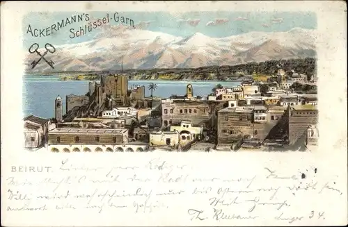 Litho Beirut Beyrouth Libanon, Stadtansicht, Reklame, Ackermann's Schlüssel Garn