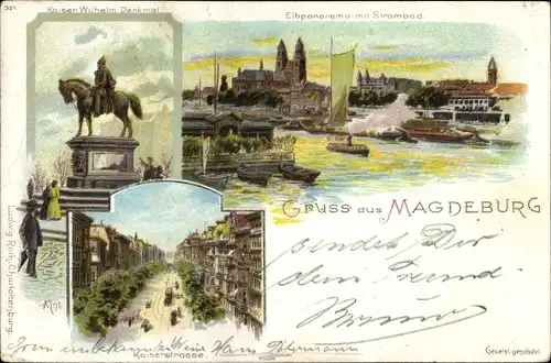 Litho Magdeburg an der Elbe, Kaiserstraße, Kaiser Wilhelm Straße, Elbpanorama, Strombad