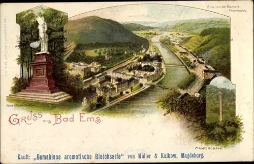 Litho Bad Ems an der Lahn, Malbergbahn, Blick von der Bismarckpromenade, Kaiser Wilhelm Denkmal