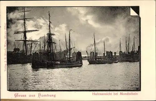 Ak Hamburg Mitte Altstadt, Hafenansicht bei Mondschein