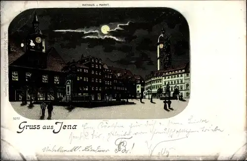 Mondschein Litho Jena in Thüringen, Rathaus und Markt