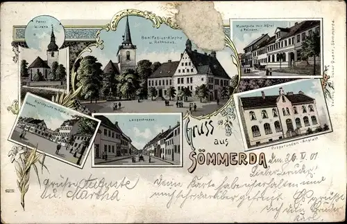 Litho Sömmerda im Thüringer Becken, Bonifaziuskirche, Langestraße, Marktplatz, Präparanden Anstalt