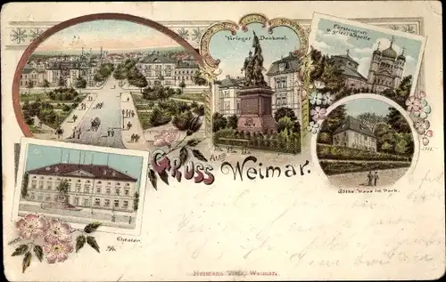 Litho Weimar in Thüringen, Goethehaus, Fürstengruft, Kriegerdenkmal, Theater, Griechische Kapelle