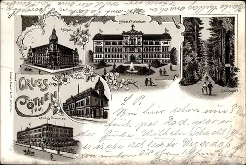 Litho Köthen in Anhalt, Höheres Technikum, Rathaus, Landesseminar, Postamt, Stadtpark