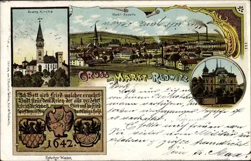 Litho Marktredwitz im Fichtelgebirge, Evangelische Kirche, Villa Benker, Totalansicht, Wappen