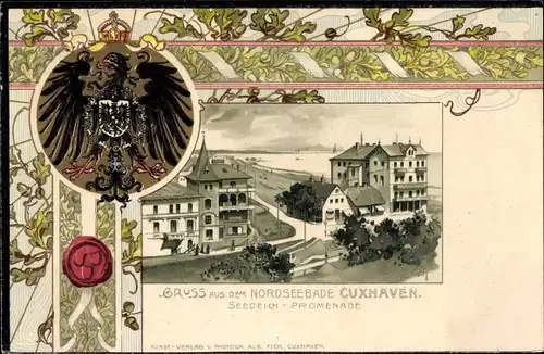 Präge Wappen Litho Cuxhaven in Niedersachsen, Seedeich Promenade, Deutscher Reichsadler