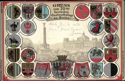 Wappen Ak Berlin, 25. deutscher Gastwirtstag, Reichstagsgebäude, Siegessäule