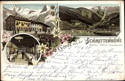 Litho Zell am See in Salzburg, Schmittenhöhe, Hotel mit Großglockner, Speisesaal, Panorama