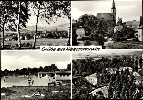 Ak Niederoderwitz Oderwitz in der Oberlausitz, Teilansicht, Ev. Kirche, Volksbad