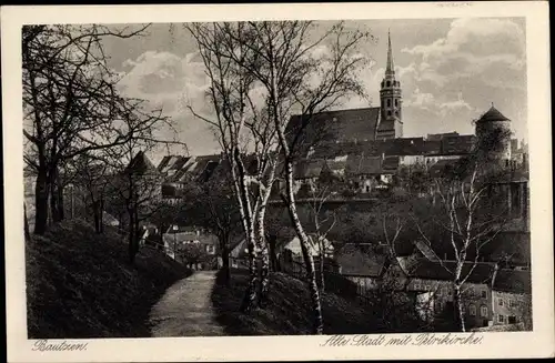 Ak Bautzen in der Lausitz, Alte Stadt mit Petrikirche vom Feldweg gesehen