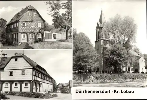 Ak Dürrhennersdorf in der Oberlausitz, Kirche, Umgebindehäuser