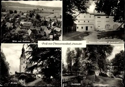 Ak Dürrhennersdorf in der Oberlausitz, Blick zum Kottmar, Kirche, Kirchteich, Gaststätte Kretscham