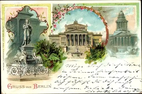 Litho Berlin, Schiller Denkmal, Kgl. Schauspielhaus, Franz. Dom