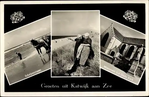 Ak Katwijk aan Zee Südholland Niederlande, Schelpenvisser, Op de Uitkijk, Monument Oude Kerk
