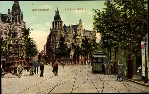 Ak Rotterdam Südholland Niederlande, Stationsplein, Straßenbahn