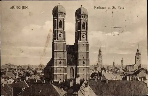 Ak München, Rathaus und St. Peter, Frauenkirche
