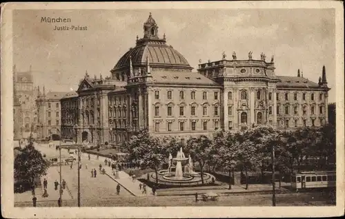 Ak München, Justiz-Palast, Springbrunnen, Straßenbahn