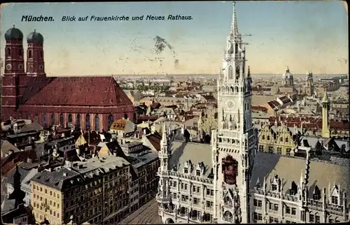 Ak München, Blick auf Frauenkirche und Neues Rathaus
