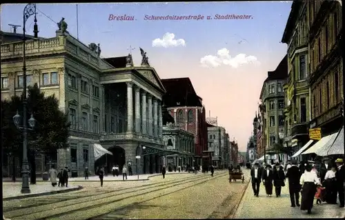 Ak Breslau (Wrocław) in Schlesien, Schweidnitzer Straße, Stadttheater