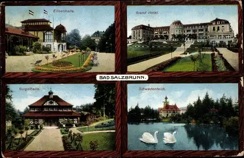 Ak Szczawno Zdrój Bad Salzbrunn Schlesien, Elisenhalle, Grand Hotel, Teich