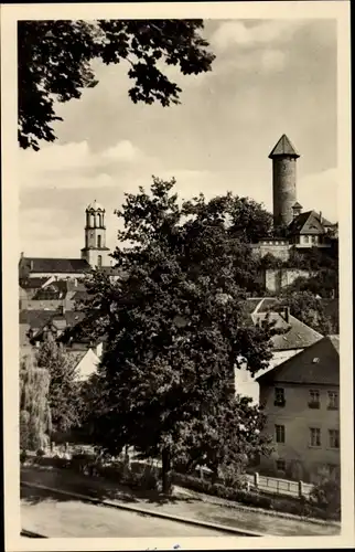 Ak Auerbach im Vogtland, Blick von der Wartehalle auf Schlossturm und Stadtkirche