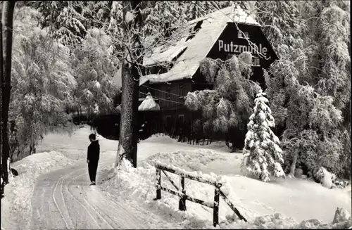 Ak Oberpöbel Dippoldiswalde Sachsen, Gaststätte und Fremdenhof Putzmühle, Winter