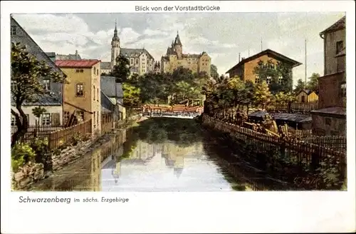 Künstler Ak Schwarzenberg im Erzgebirge Sachsen, Partie von der Vorstadtbrücke aus, Schloss, Kirche