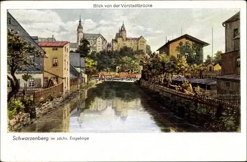 Künstler Ak Schwarzenberg im Erzgebirge Sachsen, Partie von der Vorstadtbrücke aus, Schloss, Kirche