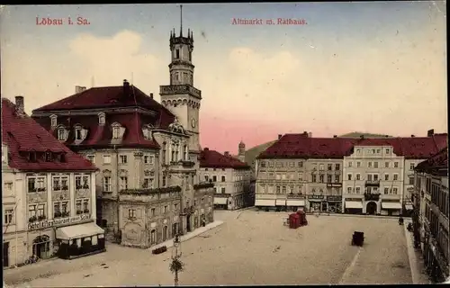 Ak Löbau in Sachsen, Altmarkt mit Rathaus, Geschäfte