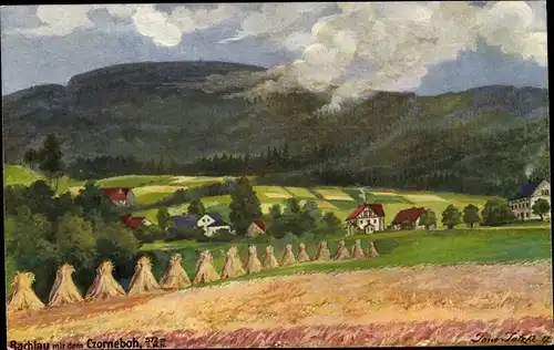 Künstler Ak J., Rachlau Kubschütz in der Oberlausitz, Sommer-Panorama mit dem Czorneboh