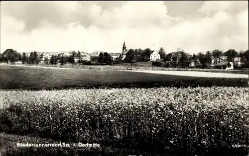 Ak Niedercunnersdorf Kottmar in Sachsen, Blick über die Felder zur Dorfmitte