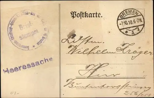 Ak Stempel Deutsche Feldpost 1. WK, Ersatz Bataillon Res. Inf. Regt. No. 75, Versorgungs Abtl.