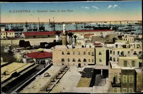 Ak Alexandria Ägypten, General view of the Port, Minarett, Blick auf den Hafen