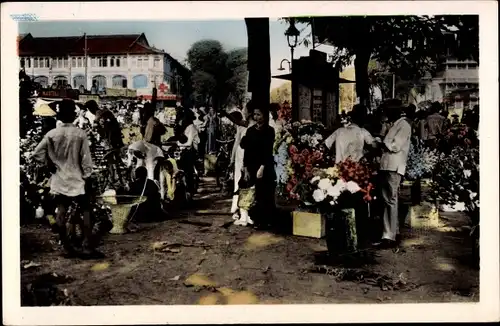 Ak Saigon Cochinchine Vietnam, Vente de fleurs a l'approche du Tet vietnamien