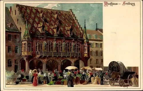 Künstler Litho Kley, Heinrich, Freiburg im Breisgau, Blick auf das Kaufhaus, Besucher