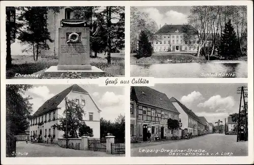 Ak Calbitz Wermsdorf in Sachsen, Ehrenmal, Schloss Kötitz, Schule, Leipzig Dresdner Straße, Geschäft