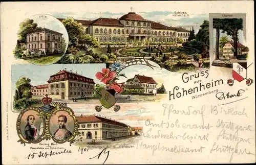 Studentika Litho Hohenheim Stuttgart in Württemberg, Schloss, Garbe, Herzog Karl, Gasthof Hirsch