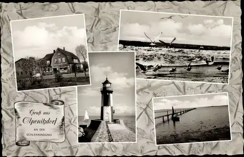 Ak Olpenitzdorf Kappeln an der Schlei, Leuchtturm, Gaststätte Arno Müller, Strand