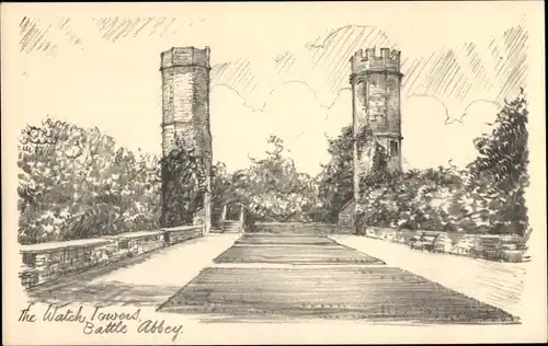 Künstler Ak Battle East Sussex England, Abbey, The Watch Towers