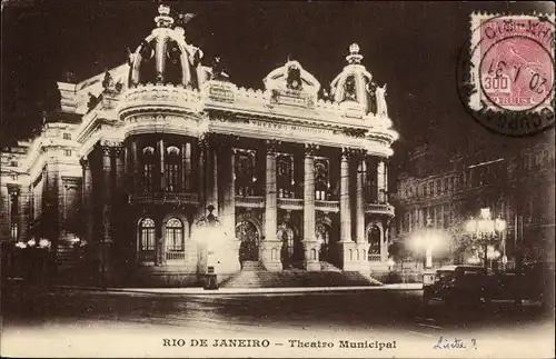 Ak Rio de Janeiro Brasilien, Theatro Municipal, Theater, Nachtszene