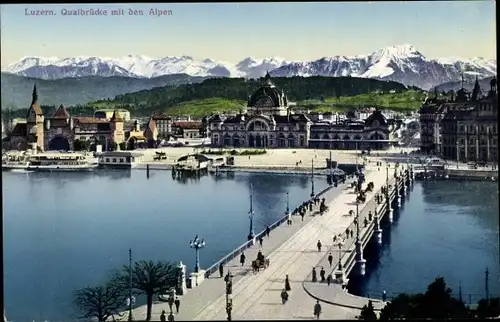 Ak Luzern Stadt Schweiz, Quaibrücke, Alpen, Stadtansicht