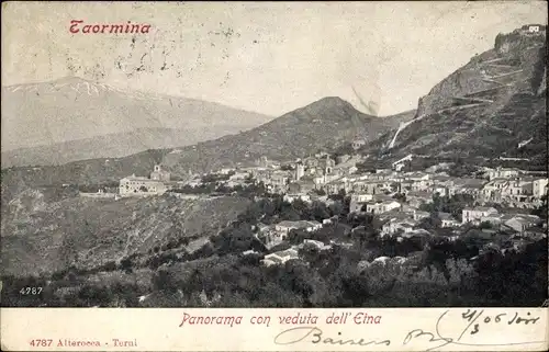 Ak Taormina Sicilia, Panorama con veduta dell' Etna